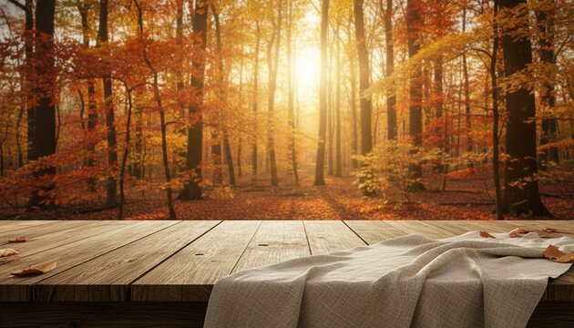 Beautiful fall autumn sunset forest woodland natural mockup wooden table cloth empty blank plank product free space display montage copy space banner