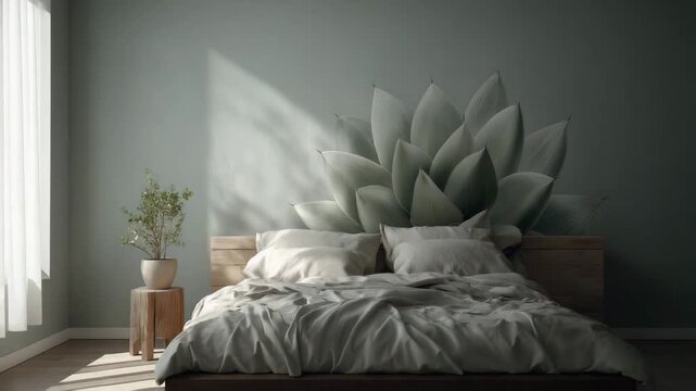 This serene bedroom features a large botanical mural above a wooden bed, surrounded by soft linens. A plant adds a touch of nature to the minimalist decor, creating a calming atmosphere.