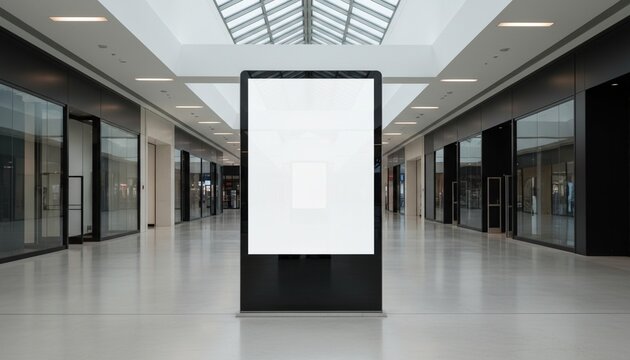 Blank Digital Signage, Vertical Advertising Billboard Mockup With Empty Screen In Shopping Mall