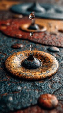 Korean-style artistic water droplets falling on stone surface in Maillard color tones, creating subtle dents and splashes, detailed natural textures with cinematic lighting and mood