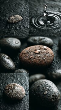 Korean-style artistic water droplets falling on stone surface in Maillard color tones, creating subtle dents and splashes, detailed natural textures with cinematic lighting and mood