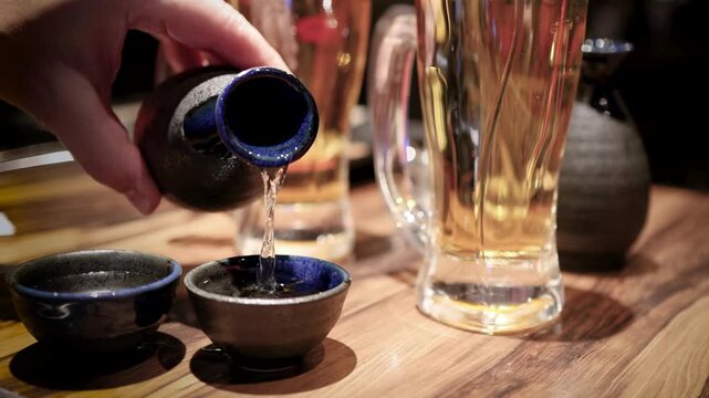 Hand Pouring Traditional Japanese Sake into a Ceramic Cup at a Bar
