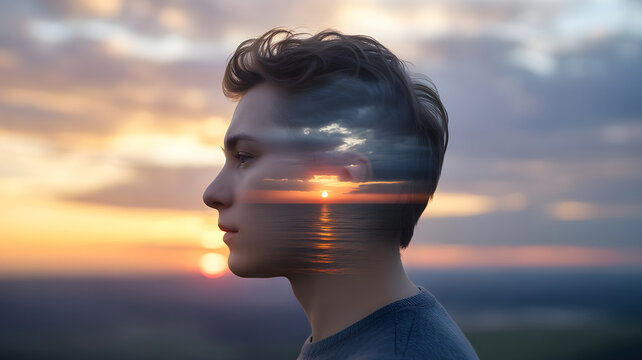A mind visualized as a stormy sky gradually clearing into a serene sunrise above a person&rsquo;s head, emotional transformation concept, ultra-realistic lighting and clouds