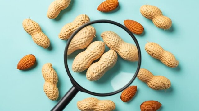 Peanuts scattered on a turquoise background, magnified by a circular lens over kernels tiny shadows