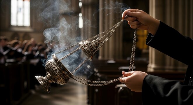 A priest holds a swinging thurible releasing incense smoke in a church.