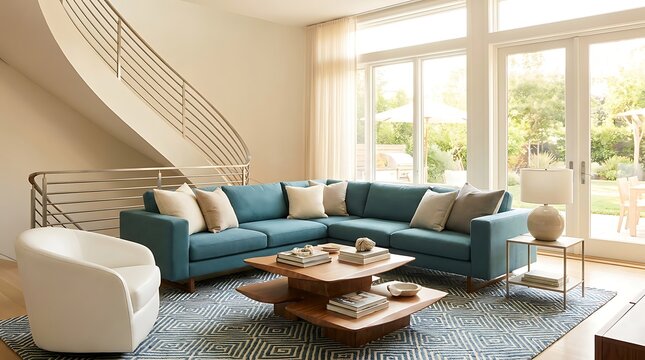 Modern living room interior with blue sectional sofa and spiral staircase