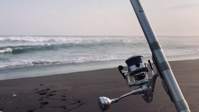 Fishing Rod and Reel on Sandy Beach with Ocean Waves