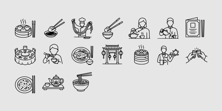 Icon set collection of traditional Asian dining, featuring dim sum, noodle bowls, tea ceremonies, and authentic cultural restaurant atmosphere elements.