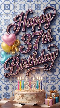 Elegant Happy 37th Birthday Illustration with Decorative Tile Background and Balloons
