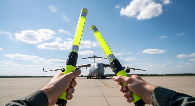 Airport ground crew member signaling a transport airplane on the tarmac