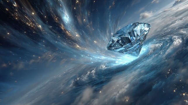 Hyper-realistic diamond rocket soaring upward with dynamic energy vortex, glowing particles, silver reflections, volumetric light beams, cinematic perspective, futuristic abstract luxury composition