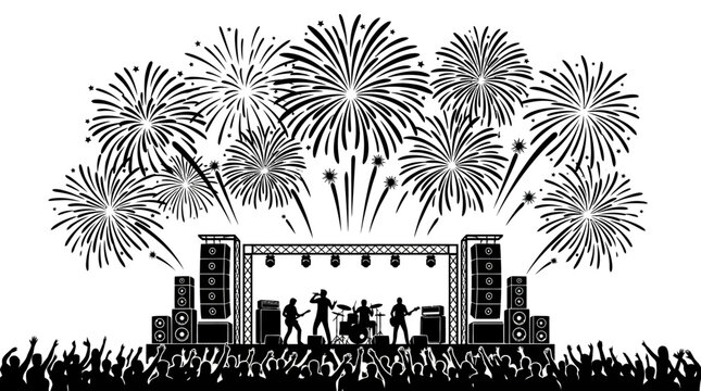 Concert celebration with fireworks and enthusiastic crowd