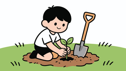 Fototapeta premium Cute Cartoon Boy Planting a Small Sprout in the Garden with a Shovel, Environmental Concept