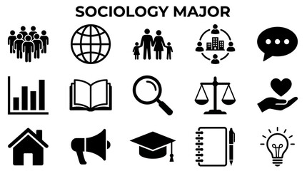 Fototapeta premium A collection of black and white icons representing various concepts associated with a sociology major, including community, family, research, education, and social justice.