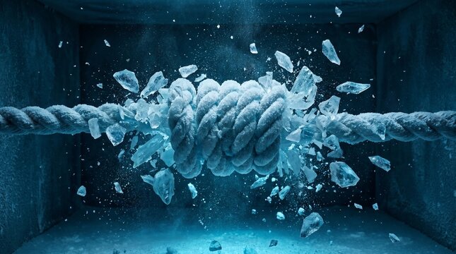 A frozen rope breaking under tension with shards of ice flying everywhere