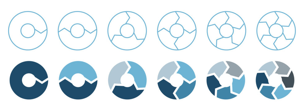 Circular Chart Cycle Diagram Icon Set (1, 2, 3, 4, 5, 6 Sections) Vector Illustration