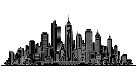 Fototapeta premium Black and white city skyline silhouette with skyscrapers