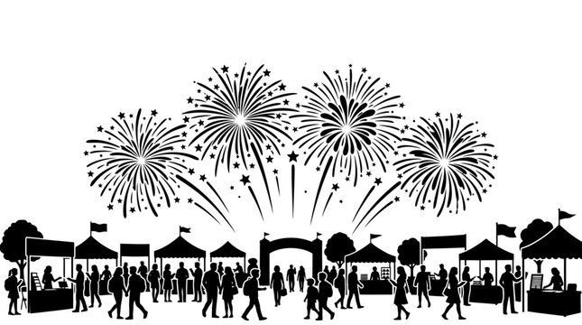 Crowded festival scene with fireworks and stalls