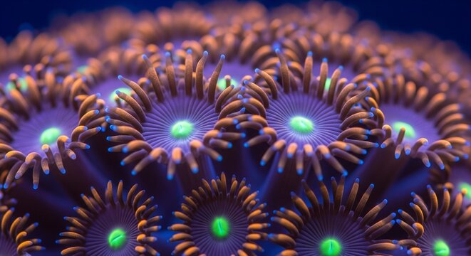 Vibrant zoanthid coral polyps with neon centers in a deep ocean reef