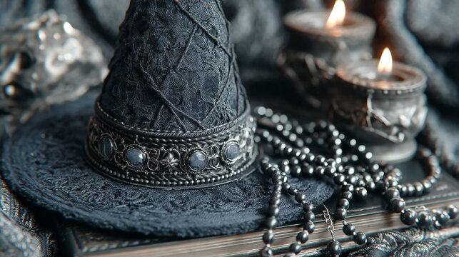 Ornate witch hat and candles for halloween and magic with halloween decoration witchcraft lighting