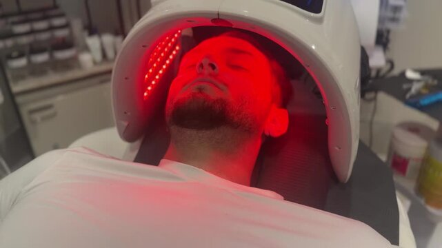 A 4k video of a young male undergoing LED red-light therapy for hair restoration.