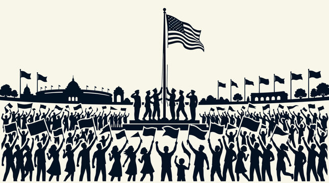 Crowd Celebrating with Flags at a Monumental Rally