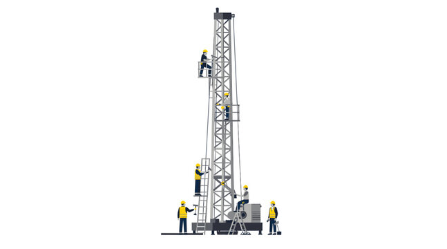 Workers climb and work on a tall industrial drilling rig structure for maintenance.