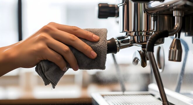 Barista cleaning a professional espresso machine with a gray cloth