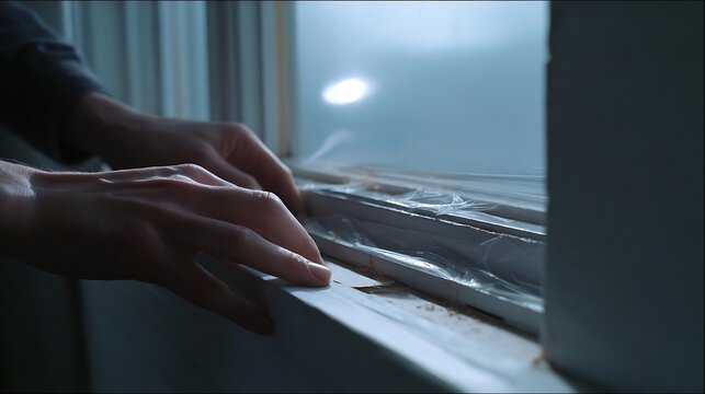 Close-animated movie of hands carefully installing weather stripping on a window frame to seal against drafts and improve insulation during colder weather
