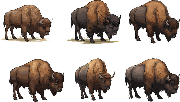 American bison illustration set, wild buffalo vector artwork, realistic bison animal design, strong wildlife mammal drawing, nature and forest character