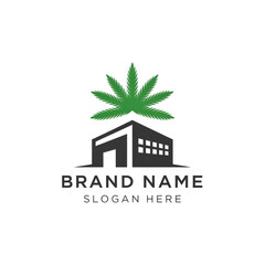 Naklejka premium Cannabis Leaf Over Factory Building Logo Design.
