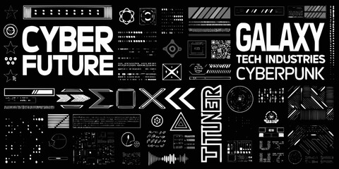 Fototapeta premium cyberpunk graphic elements collection black and white futuristic vector illustration with text