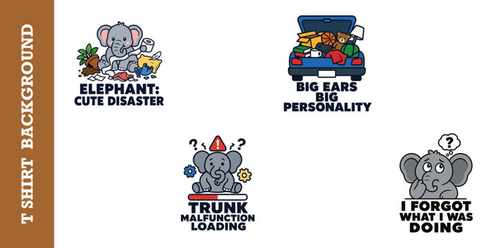 Elephant cute disaster character set with funny animal puns for apparel design collection.