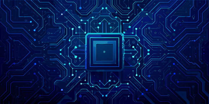 abstract circuit board pattern with central square microchip blue futuristic technology