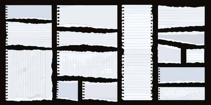 Torn notebook paper fragments collage with spiral binding white and gray