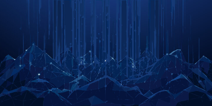 low poly mountain range illustration with geometric shapes and a dark blue background