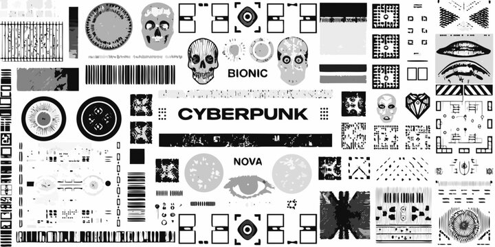 Cyberpunk collage with skulls eyes barcodes and geometric shapes in monochrome style