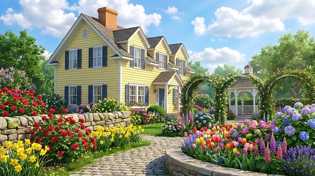 Charming yellow house with a beautiful flower garden and gazebo