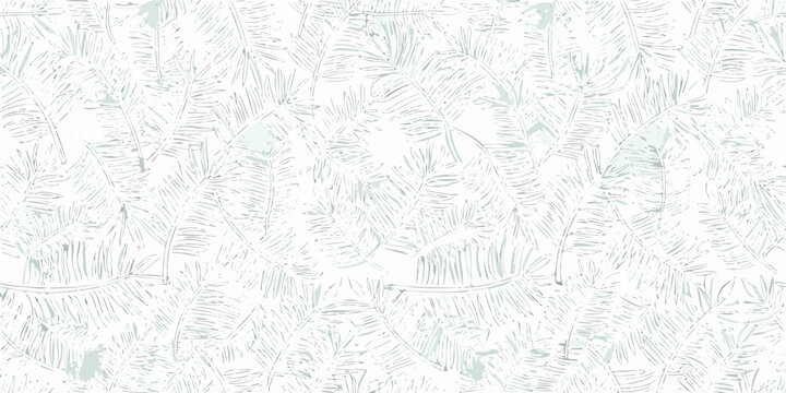 seamless repeating pattern of delicate mint green tropical leaves on white background
