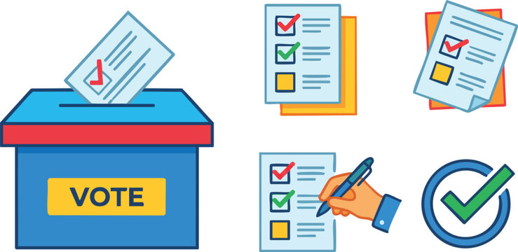 Voting Ballot Box and Election Icon Set Isolated on White Background