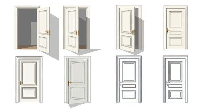 Collection of Elegant White Interior Doors with Gold Handles, Open and Closed