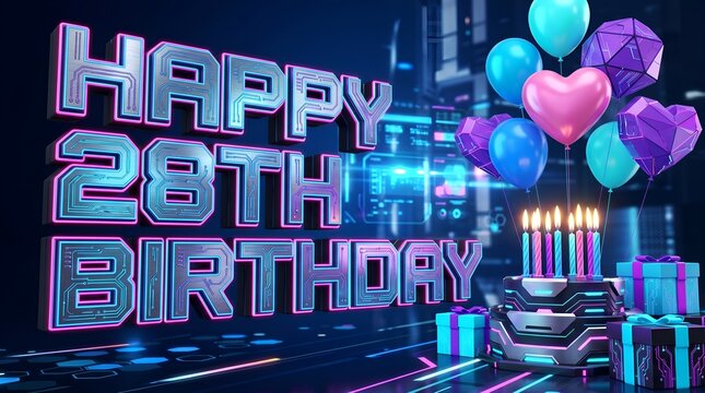 Cyberpunk Happy 28th Birthday Neon Illustration with Futuristic Cake Balloons and Gifts