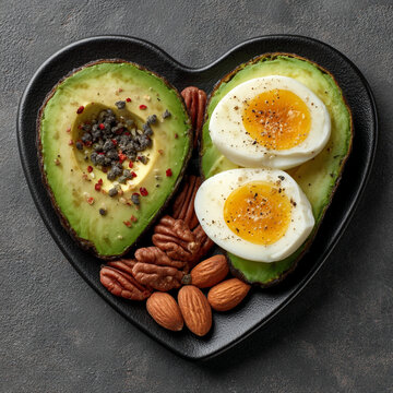 Heart-shaped black plate with avocado eggs nuts pecans seasoned with pepper low carb heart health