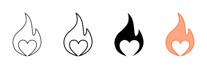 Set of minimalist heart flame icons with transparent background, symbolizing passion, hot love emblems, burning desire symbols, fire elements, vector illustration © MdSumon