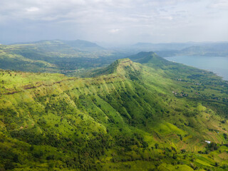 Obraz premium Maharashtra Lake Valley Drone view, Western Ghats Lake View