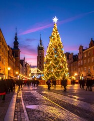 Obraz premium A large Christmas tree on a city square at dusk