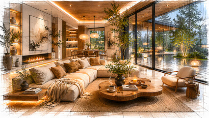 Fototapeta premium Modern living room with fireplace and large windows