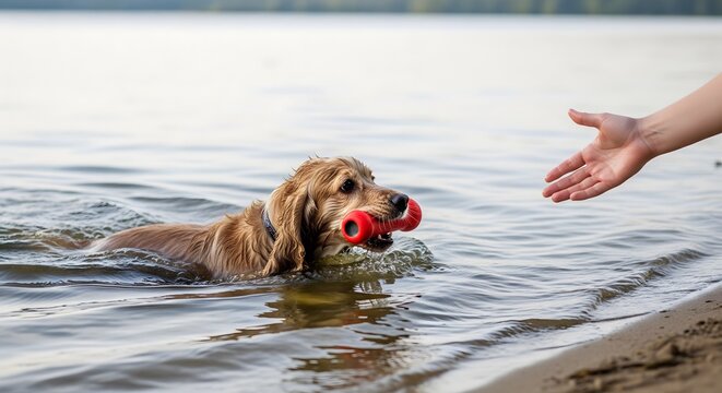Brown spaniel dog swimming in a lake bringing a toy to a person's hand