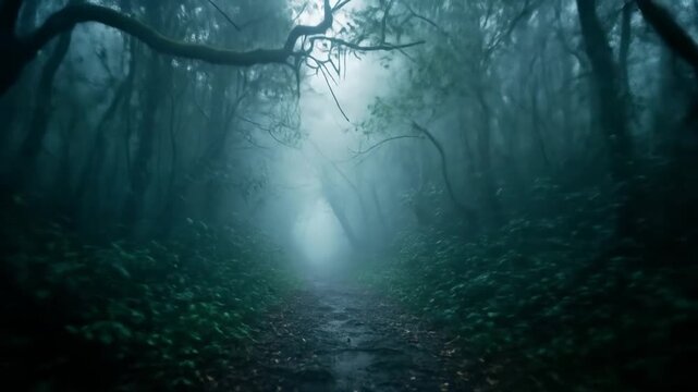 Moonlit fog cloaks a twisting forest path, damp leaves crunching under unseen whispers. Deep hushes