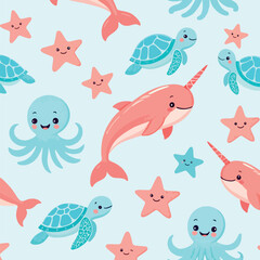 Cute sea animals seamless pattern, nursery underwater background with narwhal, turtle, octopus and starfish, pastel blue and pink ocean vector © Rafiul2007